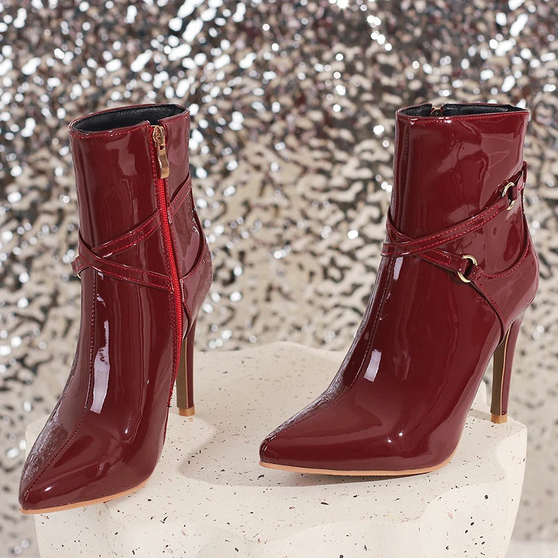 Glossy Patent Leather Pointed Toe Stiletto Ankle Boots for Women