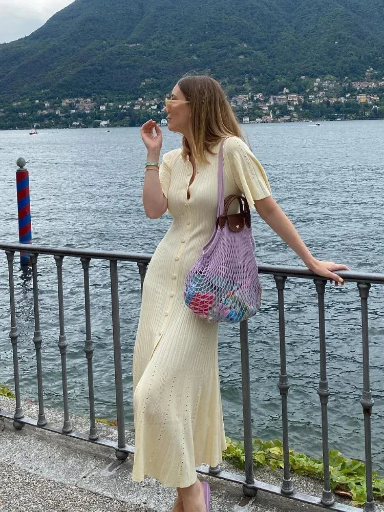 Elegant Pleated Hem Street Fashion O Neck Bell Sleeve Slim Knit Midi Dress 2025 Women Summer Beach Swimsuit Cover Up Tunic A3055