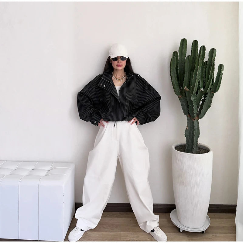 Casual Cropped Jacket With Stand Collar and Drawstring Hem for Women