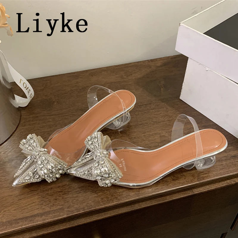 Crystal Bowknot Clear Pointed Toe Pumps for Women Wedding