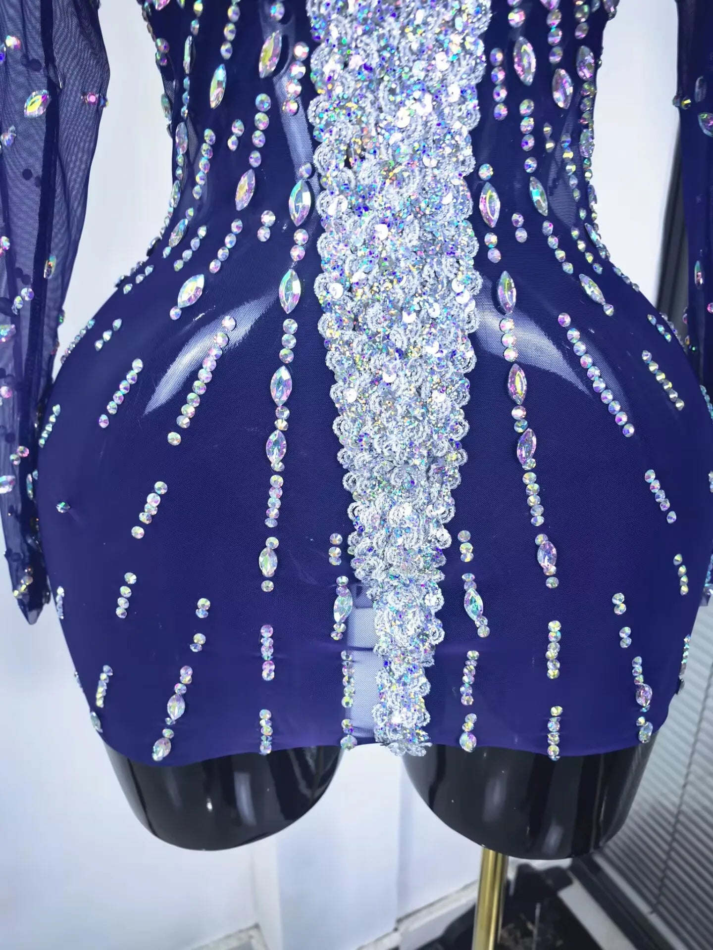 Purple Color Women Long Sleeve Sexy Shining Sequins Bodycon Mini Dress Mesh See Through Celebrate Nightclub Party Outfit