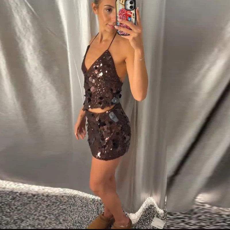 Sequin Halter Two Piece Top and Mini Skirt Set for Women