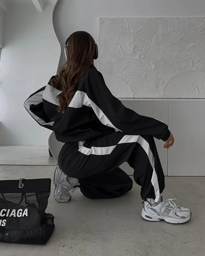 Casual Contrast Color Zipper Tracksuit Set for Women