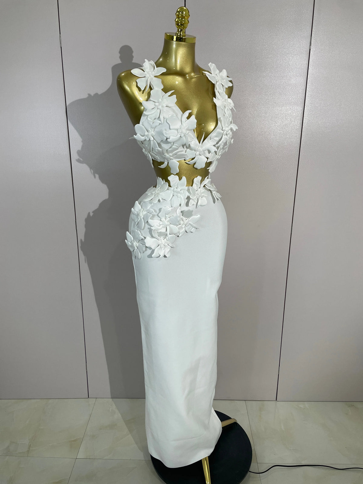 Women Sexy White Flowers V-Neck Tops Bodycon Long Dress Two Pieces Set Eveing Party Prom Gown Nightclub Celebrate Birthday Dress