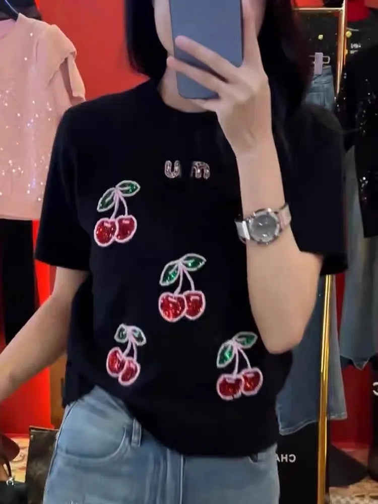 Sequined Beaded Cherry Knit Sweater Top With Short Sleeves for Women