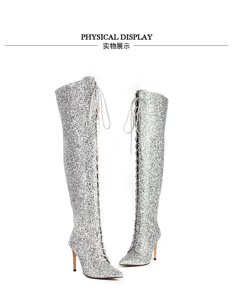 Shiny Sequined Over The Knee High Heel Boots for Women