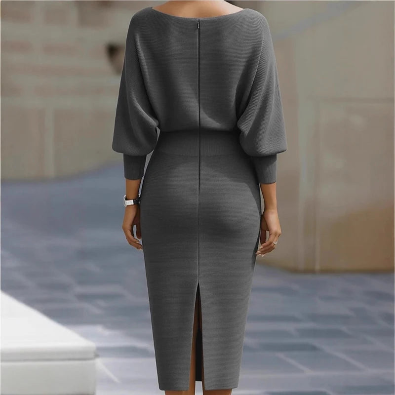 Office Lady Solid High Waist Slim Hips Dress 2026 Spring Sexy O Neck Zipper Slit Party Dresses Autumn Batwing Sleeve Woman Dress