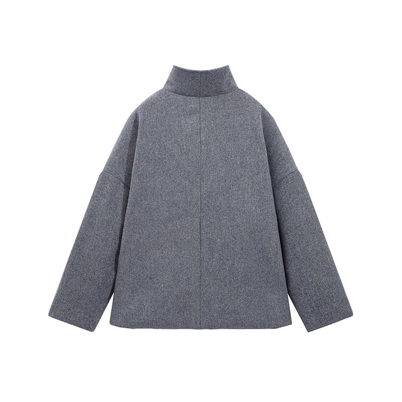 Solid Double Breasted Stand Collar Long Sleeve Overcoat for Women