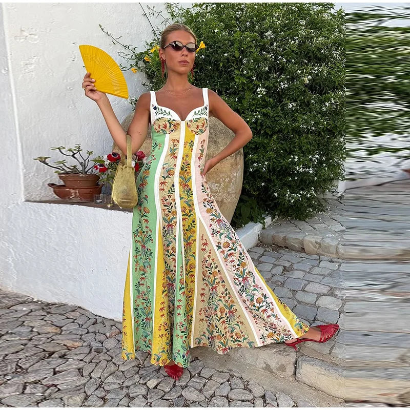 Sweetheart Neckline Floral Print Linen Blend Maxi Dress For Women