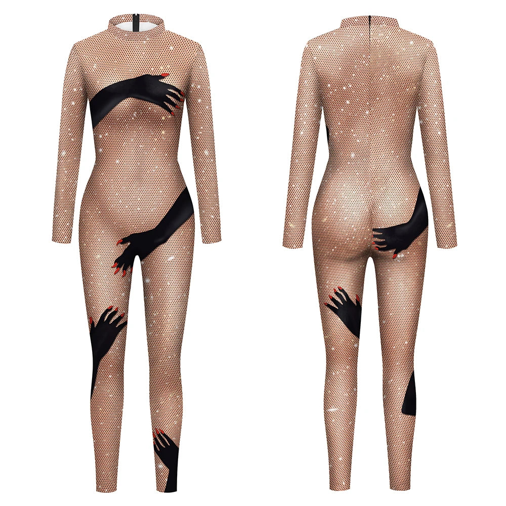 Elegant Skin Color Rhinestone Print Jumpsuit for Women