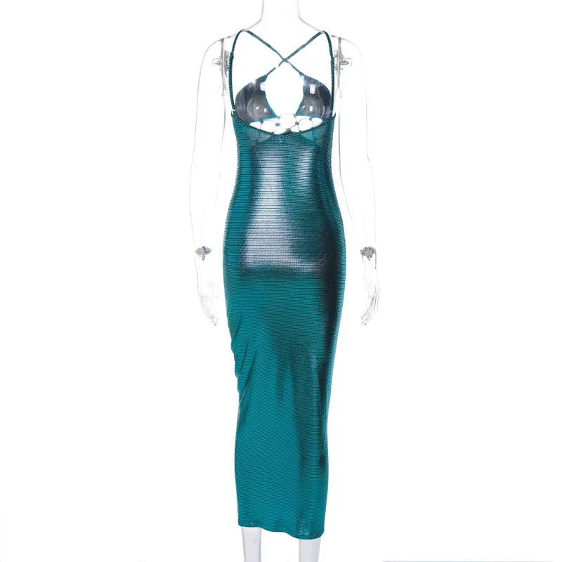 Metal Circle Hollow-Out Spaghetti Strap Backless Maxi Dress for Women