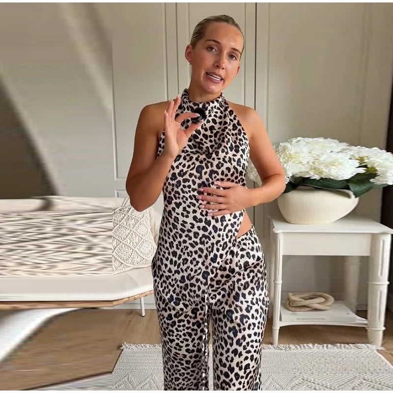 Leopard Print Halter Neck Top And High Waist Flare Pants Set For Women