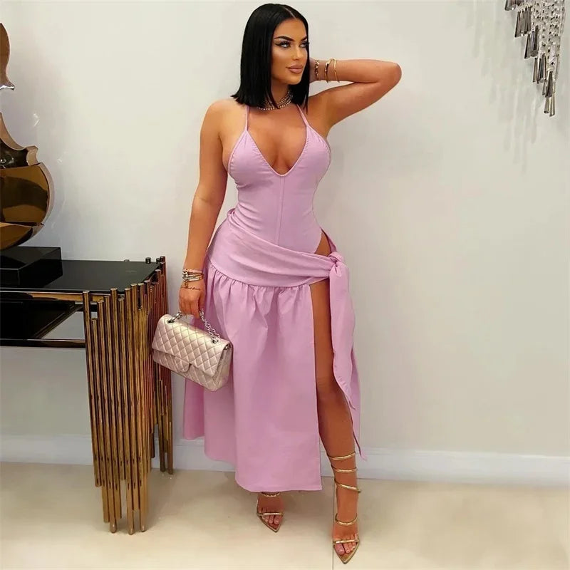 Halter Backless Bodysuit Top and Lace-Up Skirt Two-Piece Set for Women