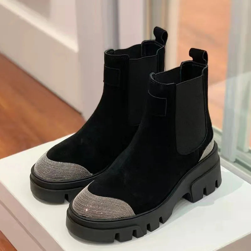 Thick Sole Suede Chelsea Boots With Round Toe For Women