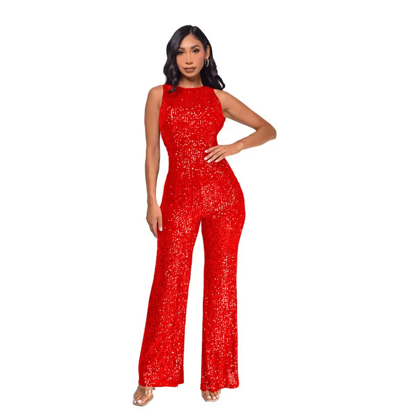 Glitter Sequin Round Neck Sleeveless High Waist Slim Fit Jumpsuit for Women