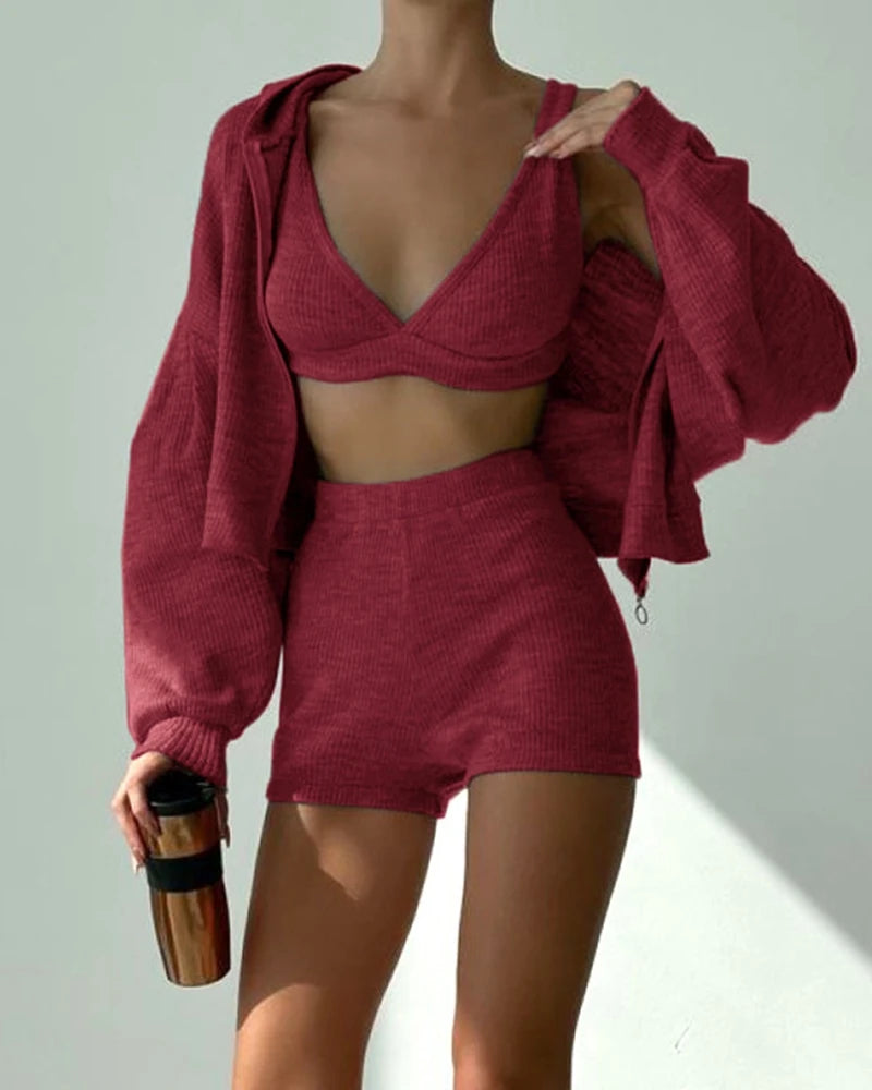 Ribbed Solid Color Three Pieces Sporty Suit Bra & Shorts and Lantern Sleeve Hooded Sweatshirt Coat Casual Suit