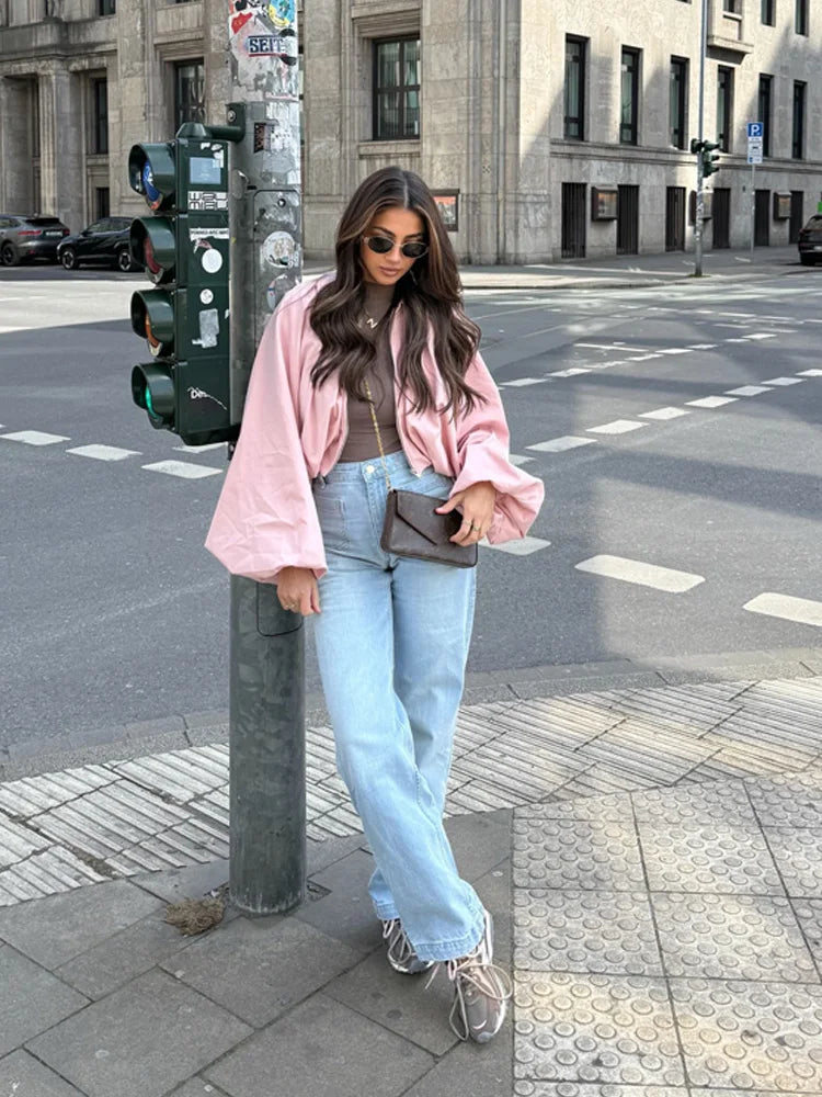 Elegant Solid Bomber Jacket With Puff Sleeves for Women