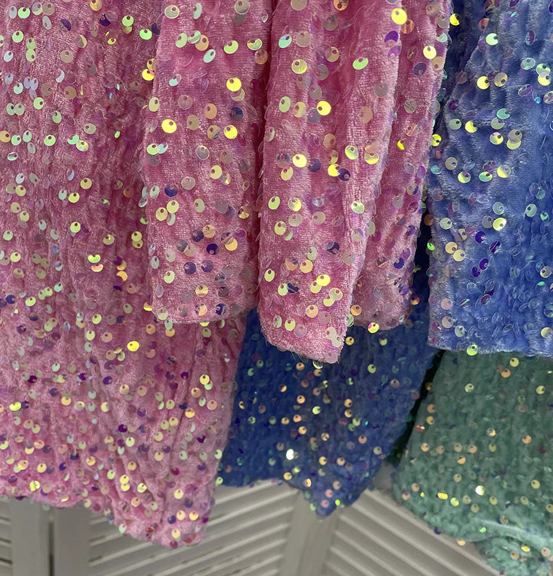 Spicy Girl Pink Sequins Short Sleeve T-shirt Round Neck Slimming Crop Top Blingbling Sexy Nightclub Multi Color Casual Tees