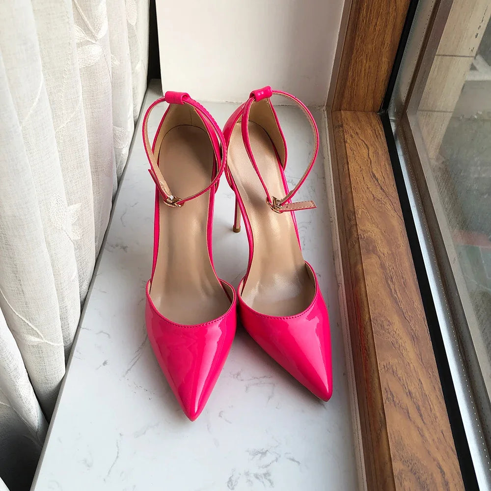 Rose Pink Patent Pointed Toe Ankle Strap Pumps for Women