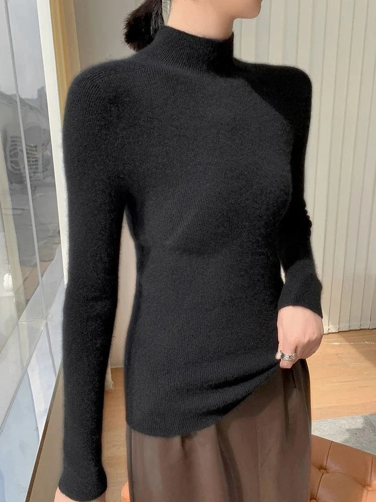 Women 100% Cashmere Sweater Mock Neck Pullover Autumn Winter Slim Basic Cashmere Knitwear Soft Warm High Strecth Pullover Tops