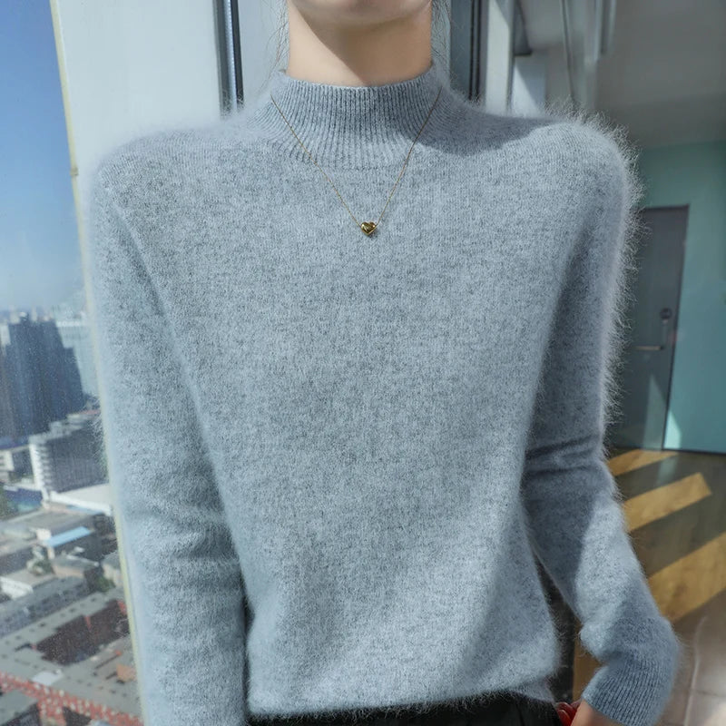 Loose Cashmere Knit Half High Neck Pullover Sweater for Women