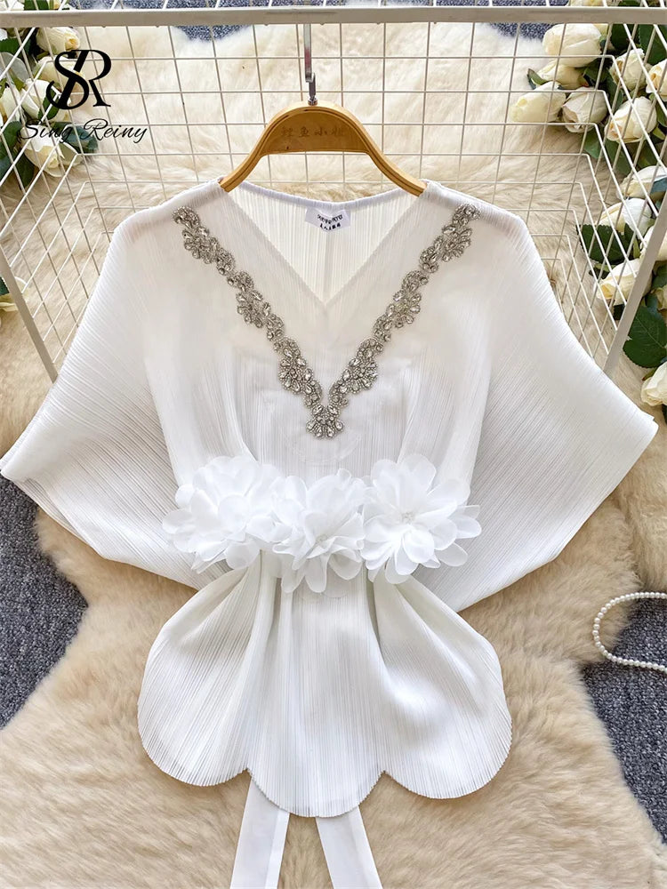 Diamond Embellished Batwing Sleeve Blouse for Women