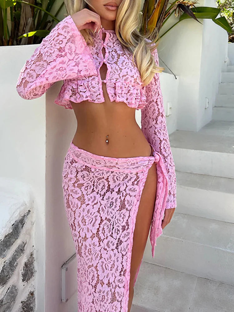 New Lace Mesh Summer Women Two Piece Sexy Solid Vacation Beach Outfits Perspective Button Long Sleeve Top + Split Skirts Suits