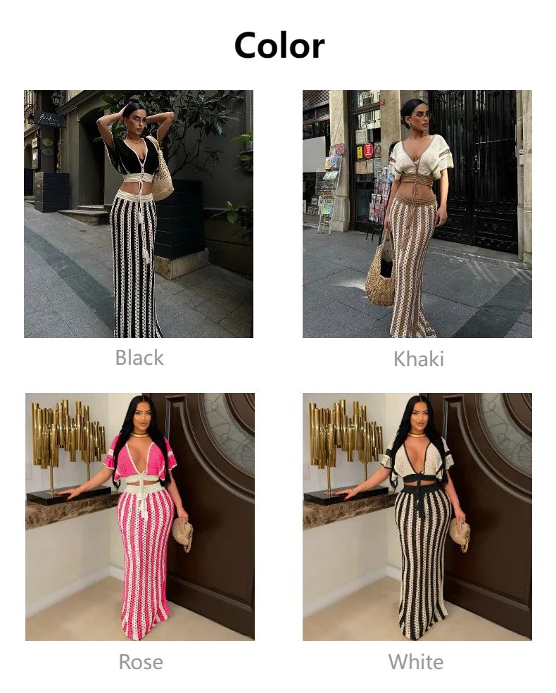 Wmstar Women Two Piece Set Sexy Elegant Knitted Crochet Beach Stripe Crop Tops Long Skirts Matching Set Holiday Birthday Outfits