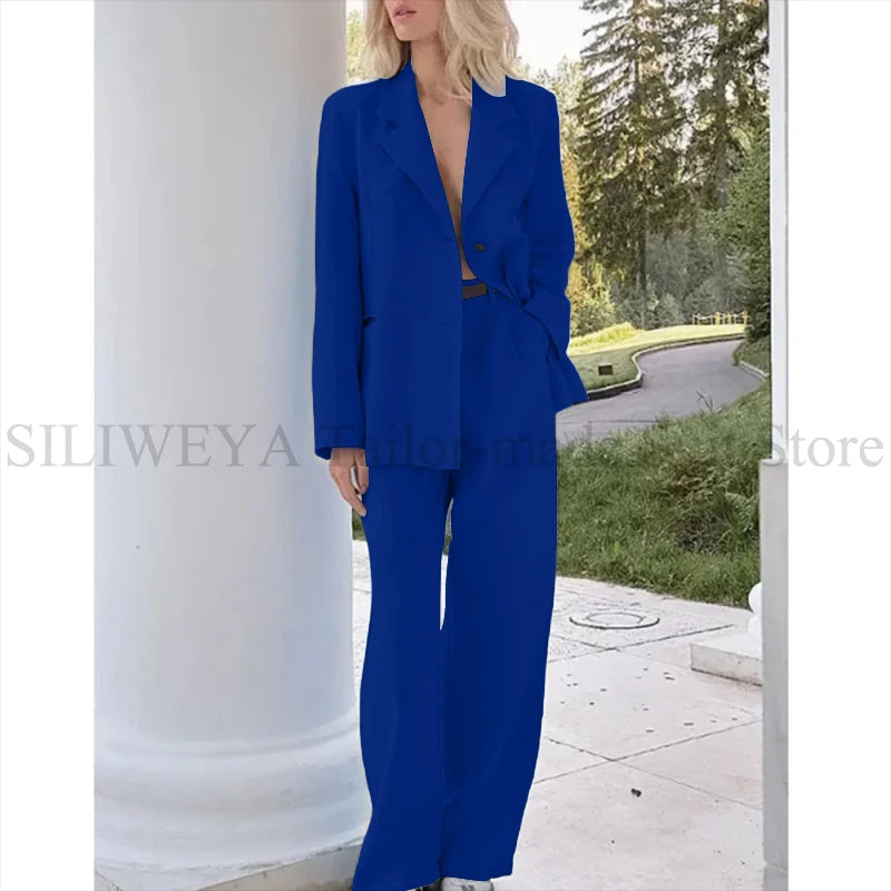 Single Breasted Light Blue Two Piece Blazer Set For Women