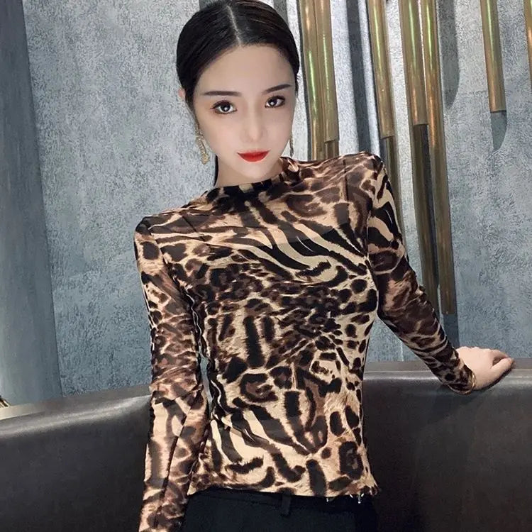 Top Female Mesh Leopard Print Women's Long Sleeve T-shirt Mature Spring Autumn Sexy Korean Reviews Many Clothes Japanese Vintage