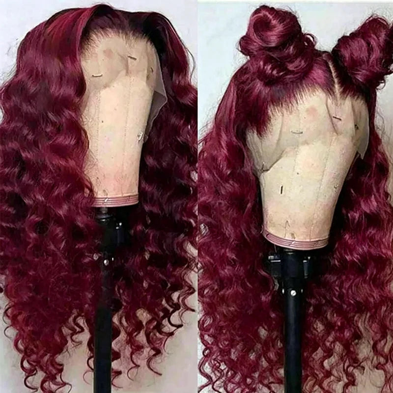 Preplucked Burgundy Deep Wave Lace Front Wig for Women