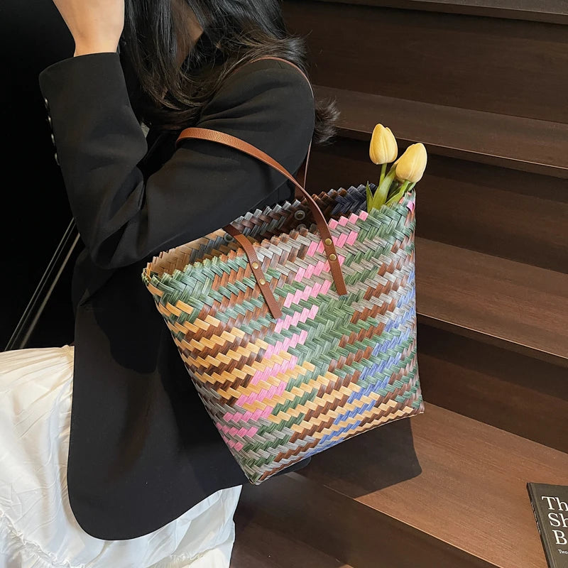 Colorful Braided PVC Tote Bag for Women With Large Capacity