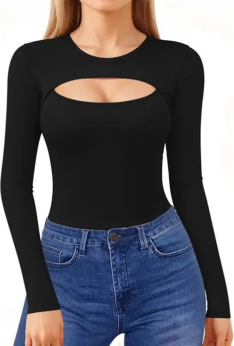Seductive Tops Intricate Hollow Lacework T-Shirt Figure Hugging RoundNeck Blouse Classic Comfortable SolidColor Shirt