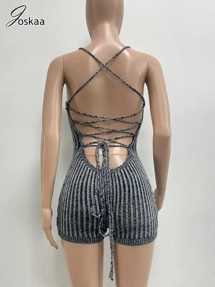 Backless Striped Knitted Sporty Playsuit for Women