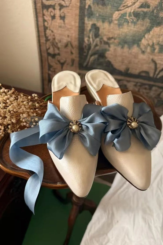 Pointed Toe Satin Bow Mules