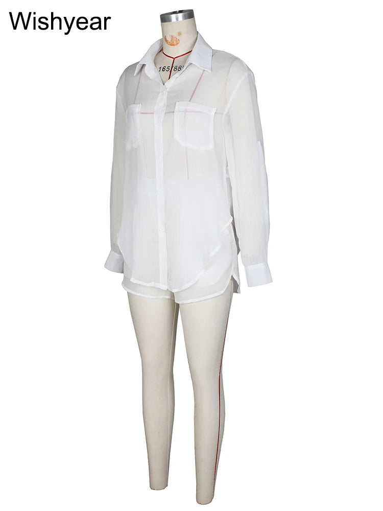 Sheer Chiffon Shirt And Shorts Two Piece Set For Women