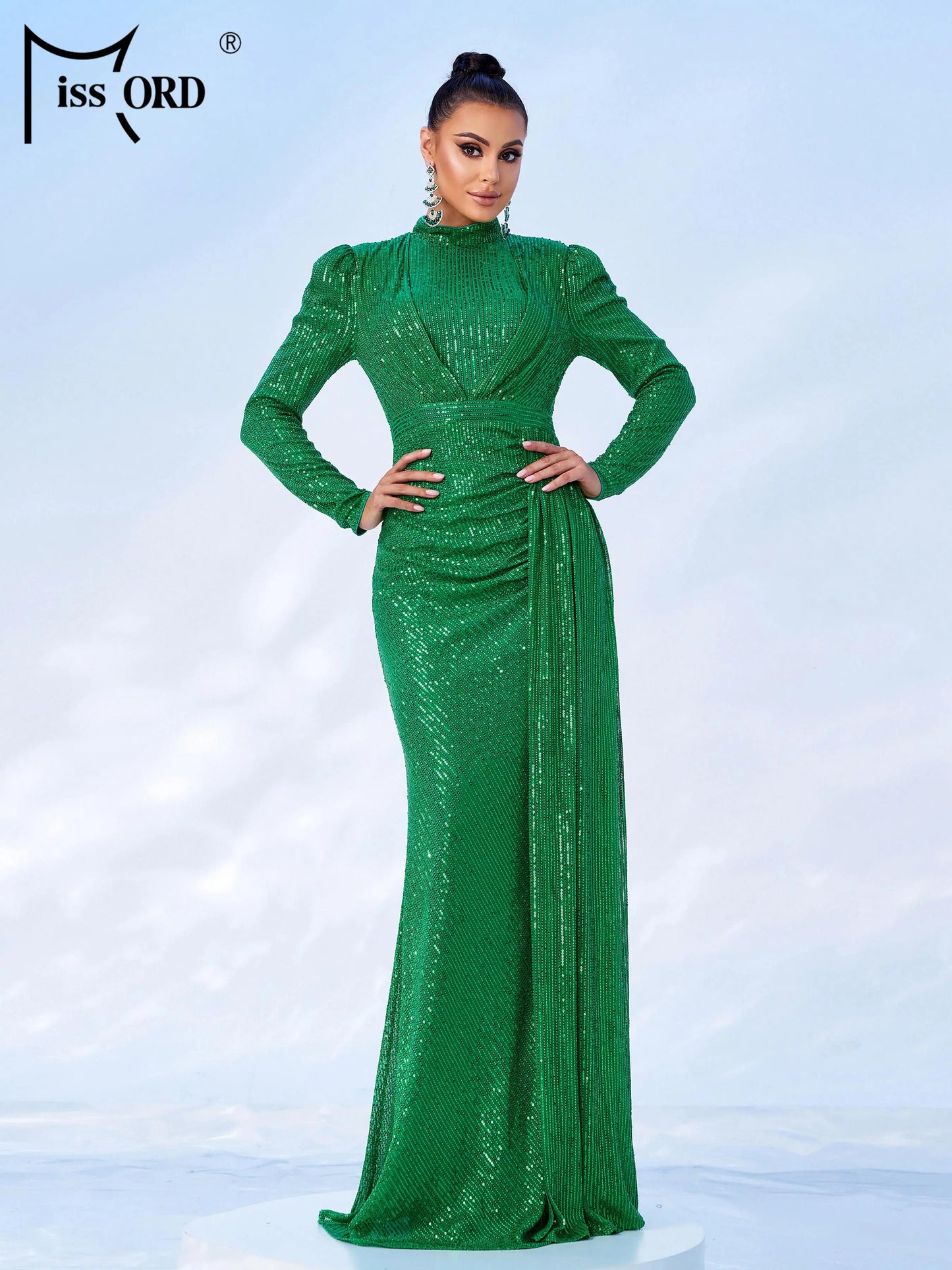 Missord Round Neck Long Sleeved Sequin Mermaid Evening Fashionable Exquisite Cocktail Prom Dress