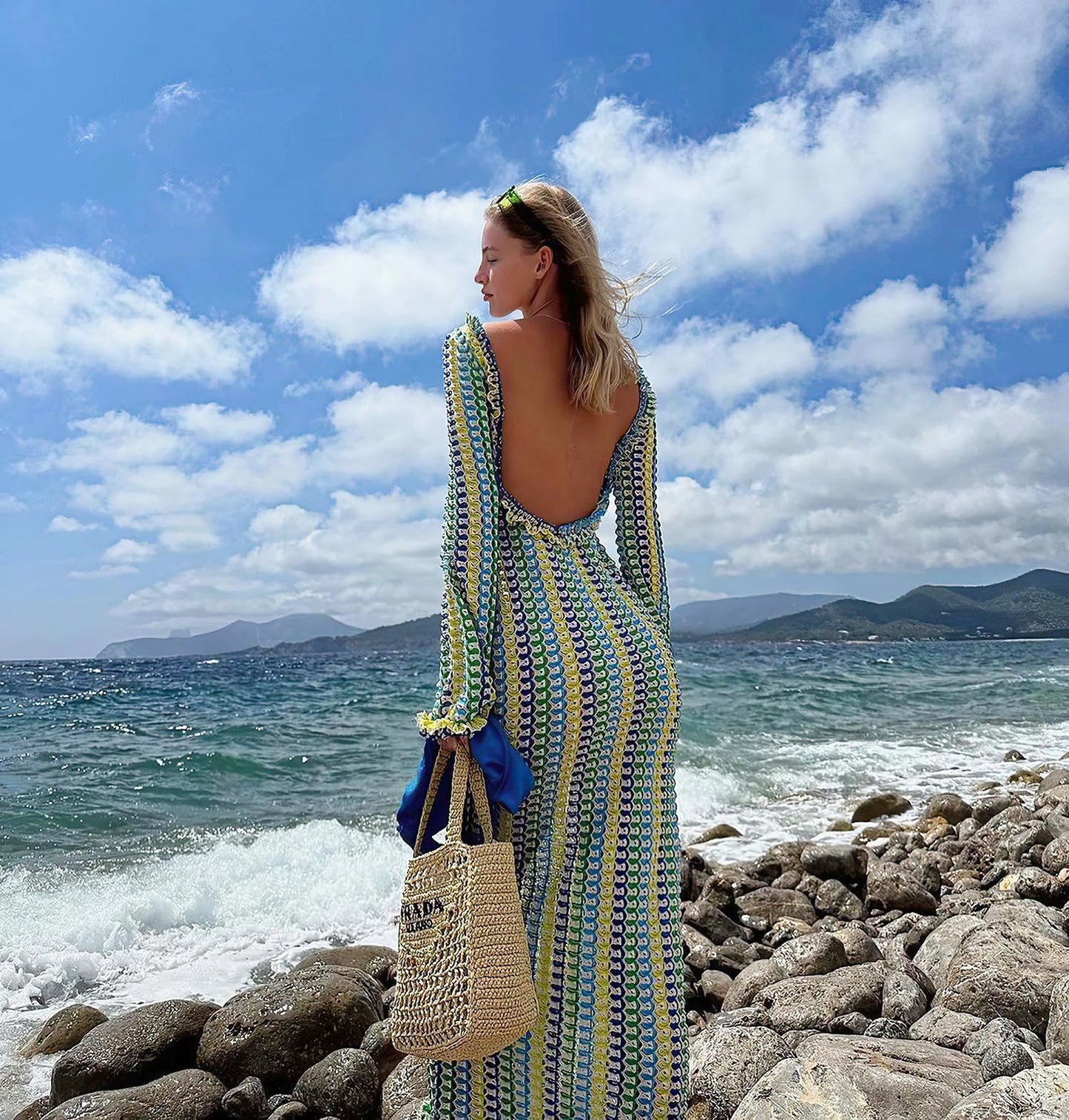 Sexy Backless Flare Sleeve Lace Knit Cut Out Party Beach Maxi Dress 2025 Summer Women Vacation Beachwear Swimsuit Cover Up A2815