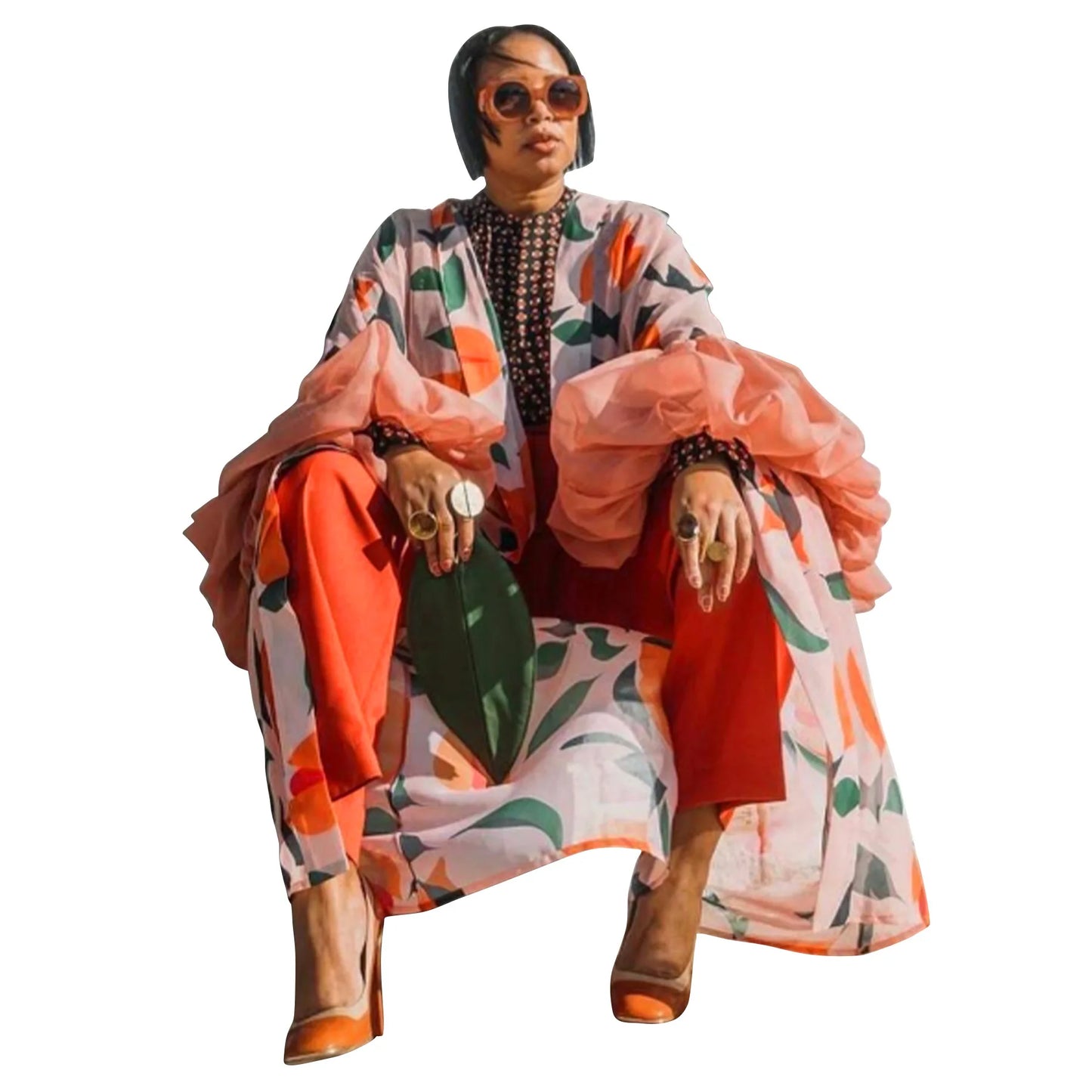 Vintage Floral Printed Chiffon Long Cardigan With Ruffle Sleeves for Women