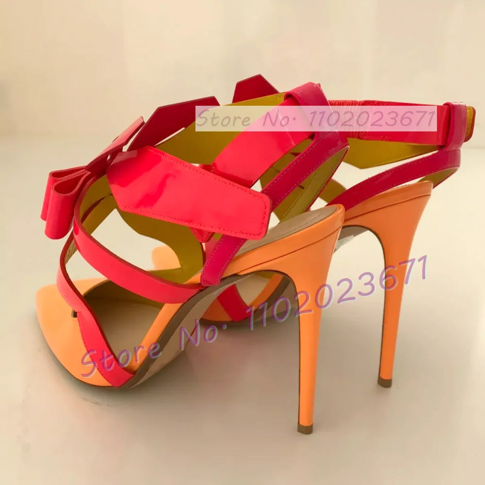 Multicolor Patent Leather Slingback Sandals Women Fashion Folding Bowknot Pointy Toe High Heels Sandals Party Chic Lovely Shoes
