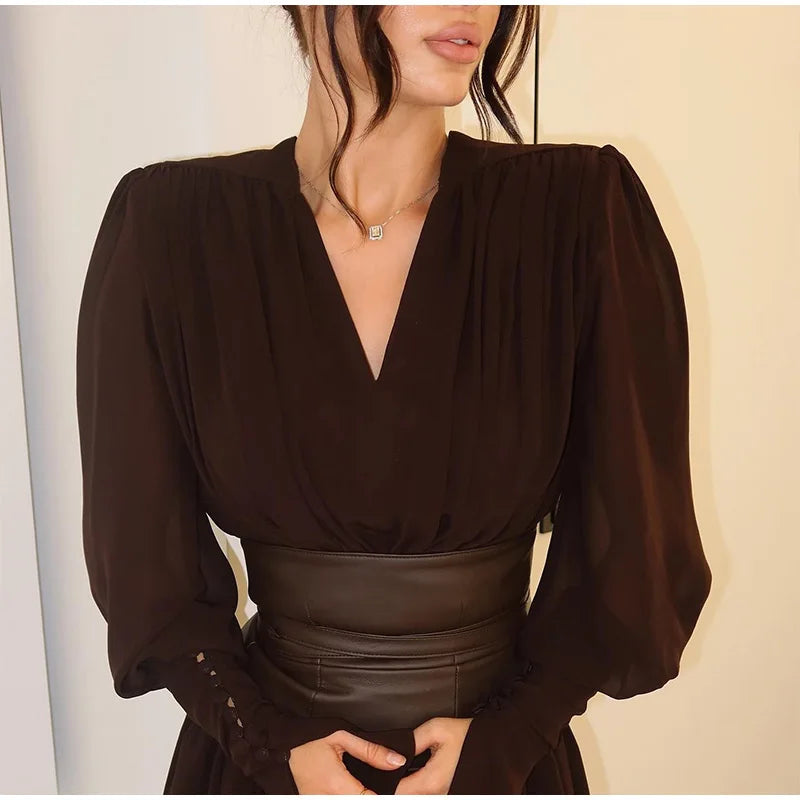 Elegant Retro V Neck Long Sleeve Dress