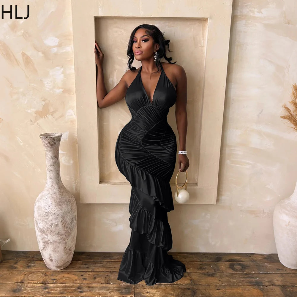 Halter Neck Ruched Satin Mermaid Evening Dress for Women