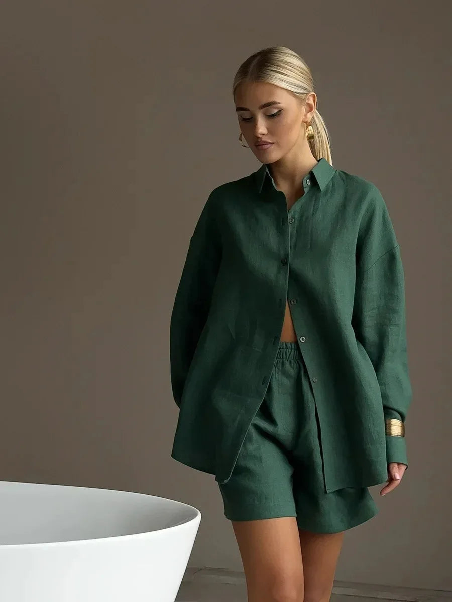 Casual Cotton Shirt and Elastic Waist Pants Set for Women