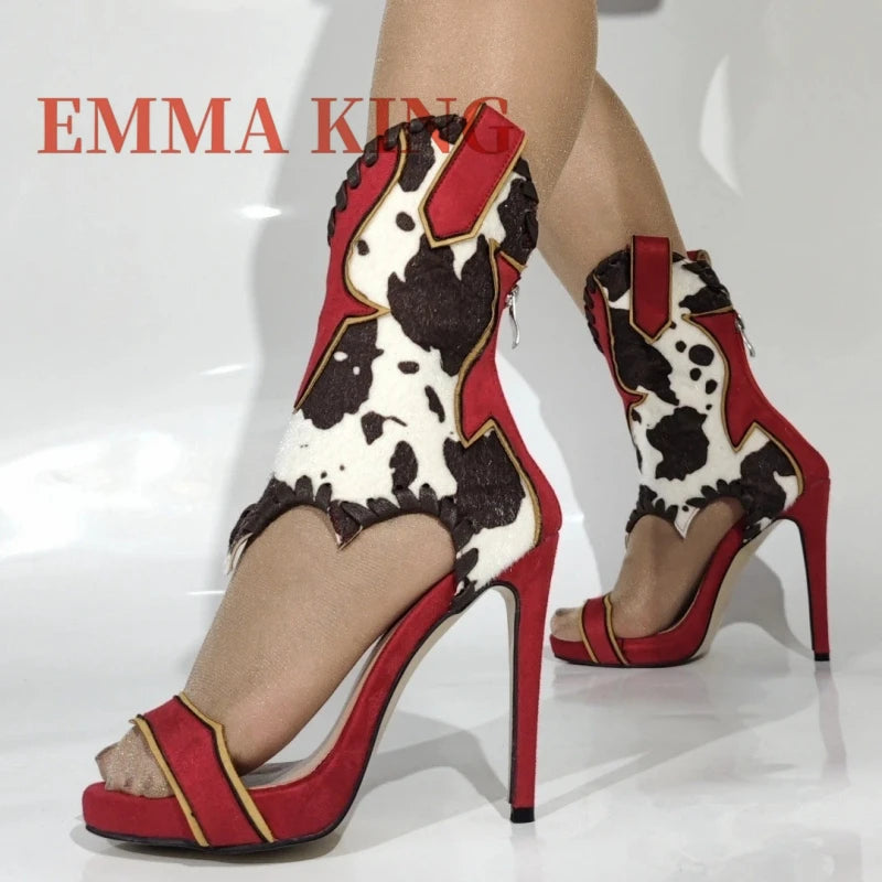 Cow Print Cowboy Style High Heel Sandals for Women
