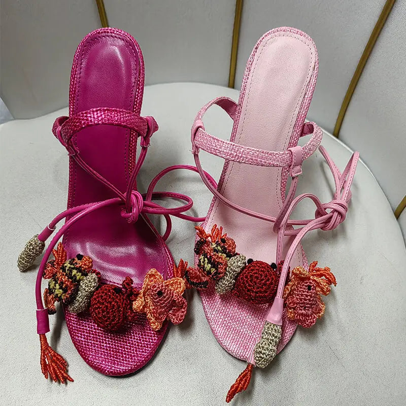 Pink Lace-Up Ankle Wrap Stiletto Sandals for Women