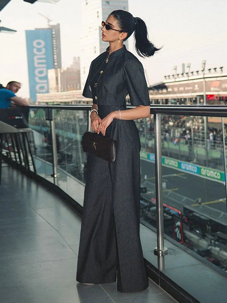 Single Button Denim Jacket With Wide Leg Pants For Women