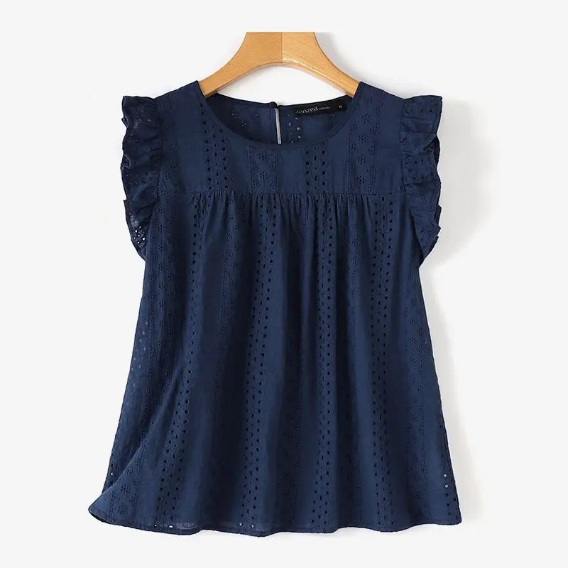 ZANZEA Summer Korean Lace Cotton Vest Women White Cap Sleeve Tanks Blouse Fashion Hollow Out Ruffle Camis Sweety O-neck Tank Top
