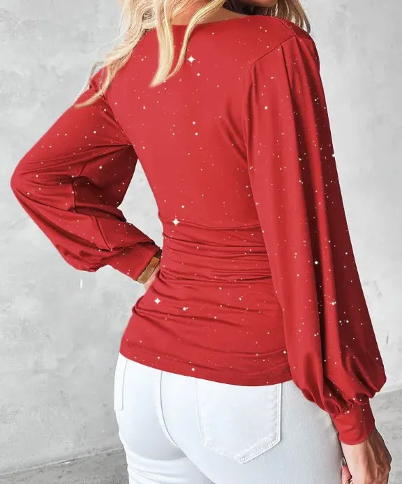 Elegant Red Sequin Long Sleeve Blouse With Ruched Waist for Women