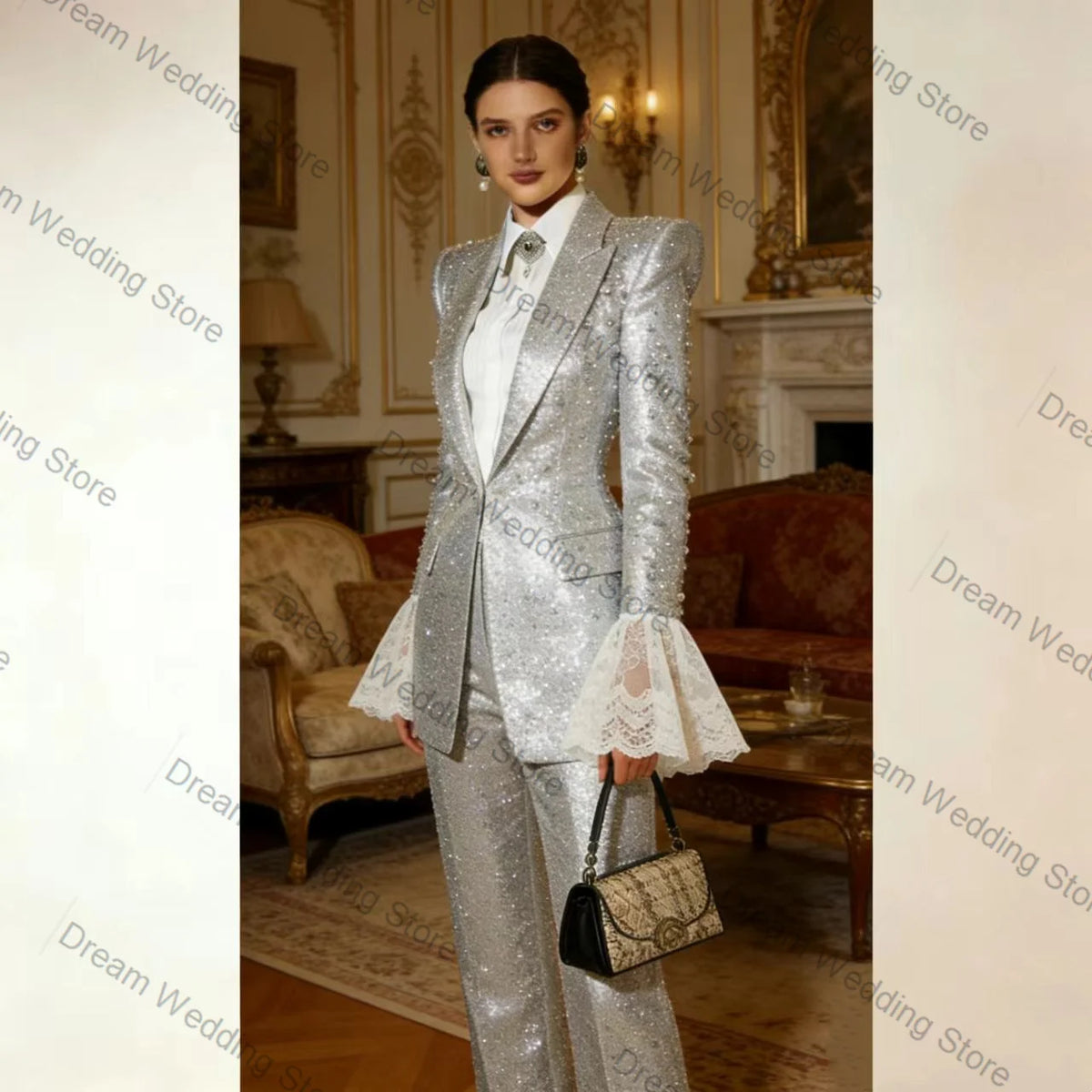 Classic Sequined Silver Two Piece Blazer And Pant Set For Women