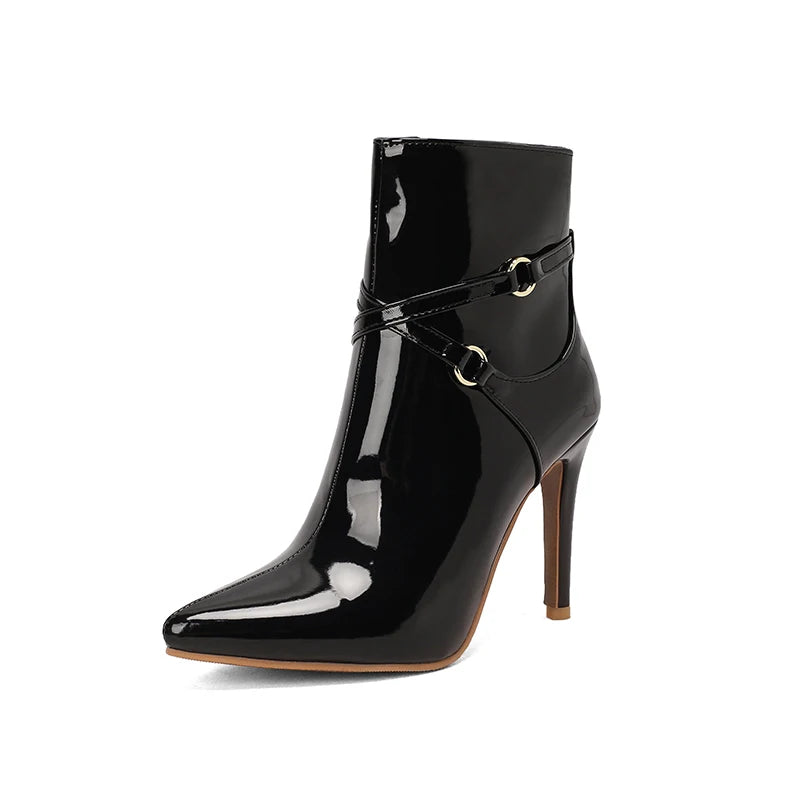Glossy Patent Leather Pointed Toe Stiletto Ankle Boots for Women